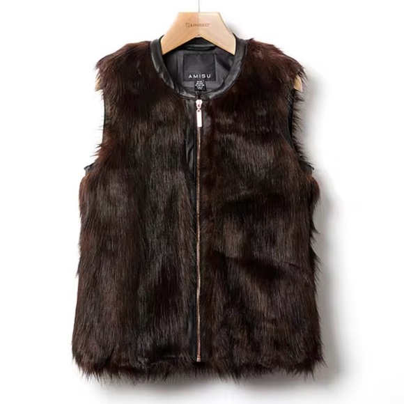 Amisu Faux Fur Zip Front Vest With Vegan Leather Trim, Size 10, Winter Holiday - Picture 1 of 10